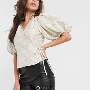 & Other Stories Jacquard Puff Sleeve Wrap Blouse in off White